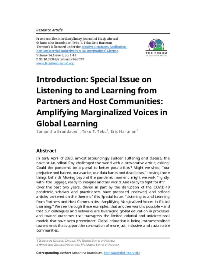 Introduction: Special Issue on Listening to and Learning from Partners and Host Communities: Amplifying Marginalized Voices in Global Learning Thumbnail