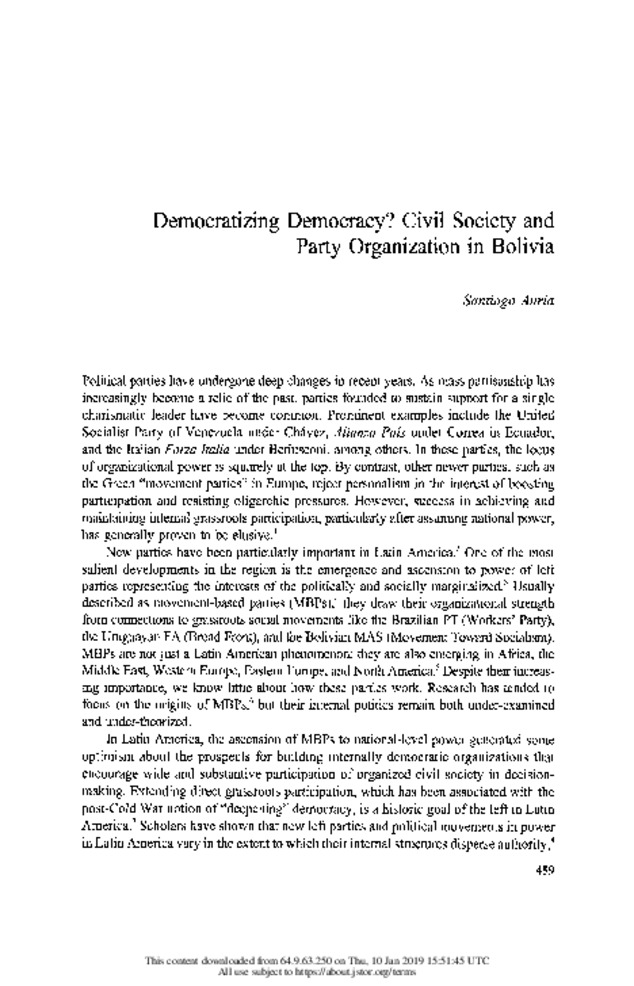 Democratizing Democracy? Civil Society and Party Organization in Bolivia Miniature