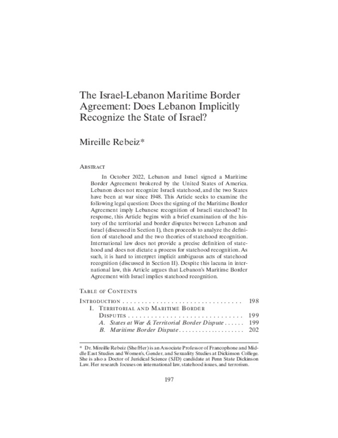 The Israel-Lebanon Maritime Border Agreement: Does Lebanon Implicitly Recognize the State of Israel? Thumbnail