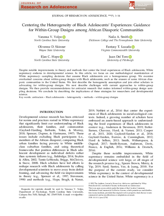 Centering the Heterogeneity of Black Adolescents' Experiences: Guidance for Within-Group Designs among African Diasporic Communities Miniaturansicht