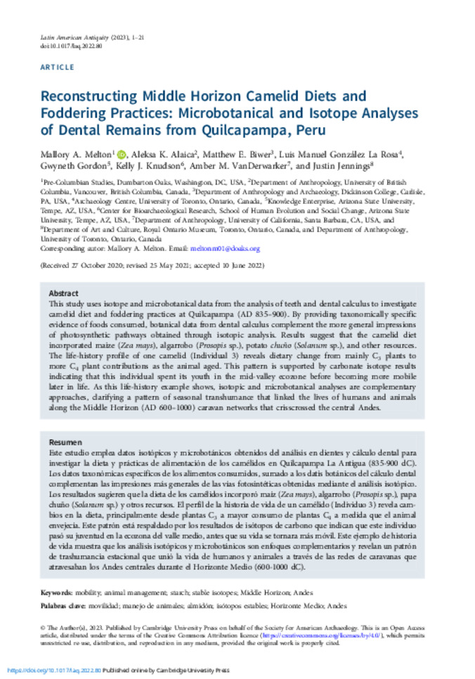Reconstructing Middle Horizon Camelid Diets and Foddering Practices: Microbotanical and Isotope Analyses of Dental Remains from Quilcapampa, Peru Miniature