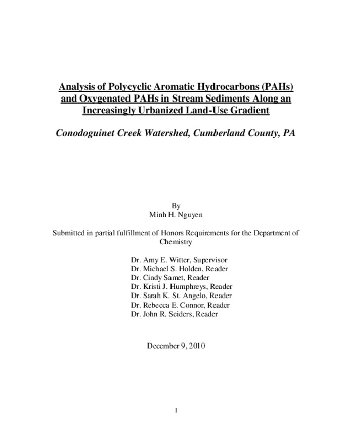 Analysis of Polycyclic Aromatic Hydrocarbons (PAHS) and Oxygenated PAHS in Stream Sediments Along an Increasingly Urbanized Land-Use Gradient: Conodoguinet Creek Watershed, Cumberland County, PA Thumbnail