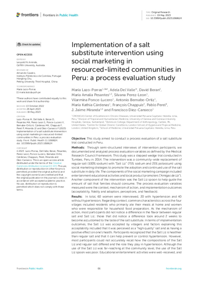 Implementation of a Salt Substitute Interventionb Using Social Marketing in Resourced-Limited Communities in Peru: A Process Evaluation Study 缩略图