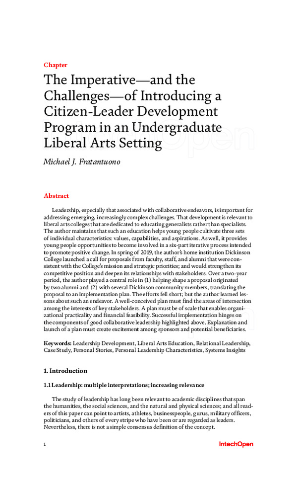 The Imperative—and the Challenges—of Introducing a Citizen-Leader Development Program in an Undergraduate Liberal Arts Setting 缩略图