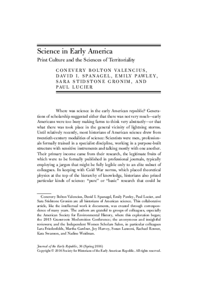 Science in Early America: Print Culture and the Sciences of Territoriality 缩略图