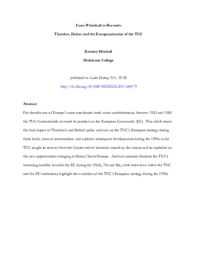 From Whitehall to Brussels: Thatcher, Delors and the Europeanization of the TUC miniatura