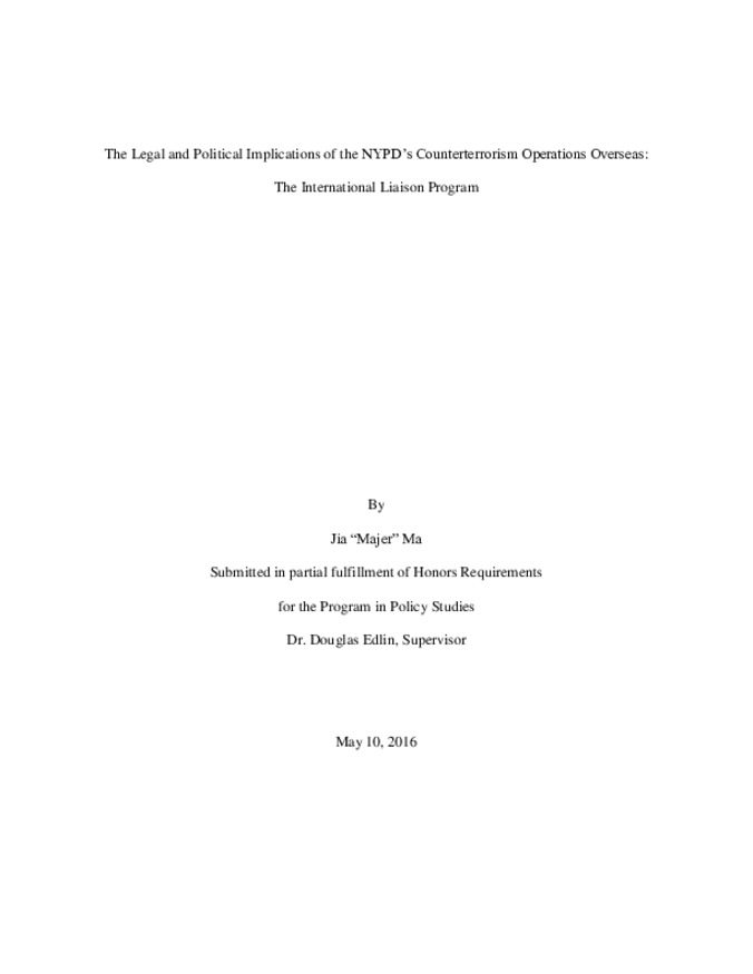 The Legal and Political Implications of the NYPD's Counterterrorism Operations Overseas: The International Liaison Program Thumbnail