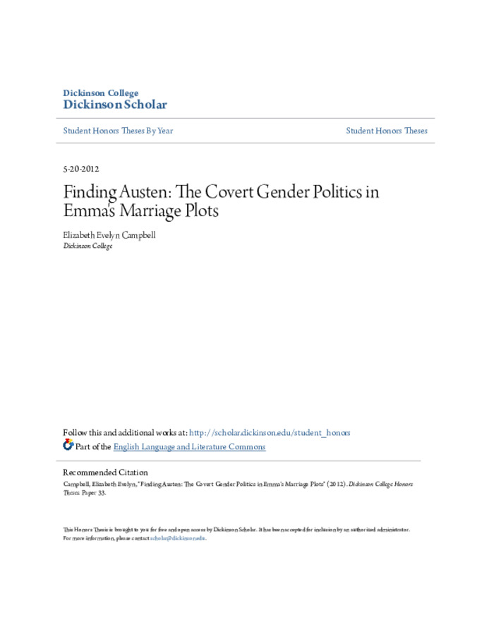 Finding Austen: The Covert Gender Politics in Emma's Marriage Plots Miniature