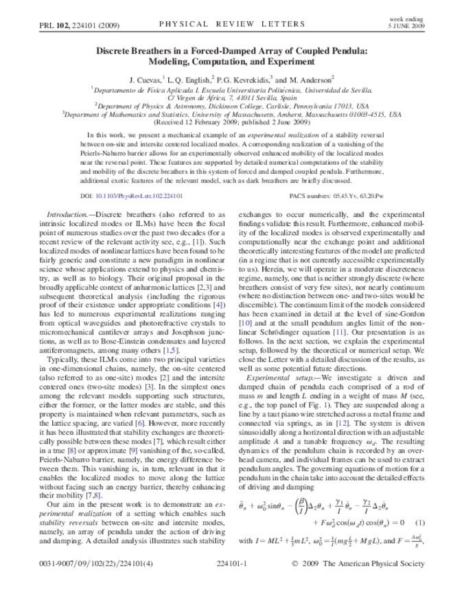 Discrete Breathers in a Forced-Damped Array of Coupled Pendula: Modeling, Computation, and Experiment miniatura