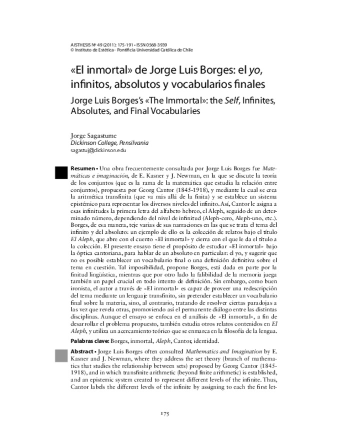 "El Inmortal" de Jorge Luis Borges: El Yo, Infinitos, Absolutos y Vocabularios Finales / Jorge Luis Borges's "The Immortal": The Self, Infinites, Absolutes, and Final Vocabularies Thumbnail
