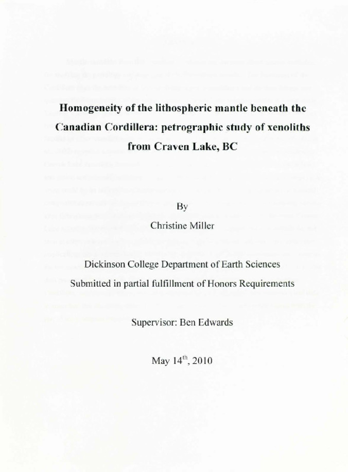 Homogeneity of the Lithospheric Mantle Beneath the Canadian Cordillera: Petrographic Study of Xenoliths from Craven Lake, BC Thumbnail