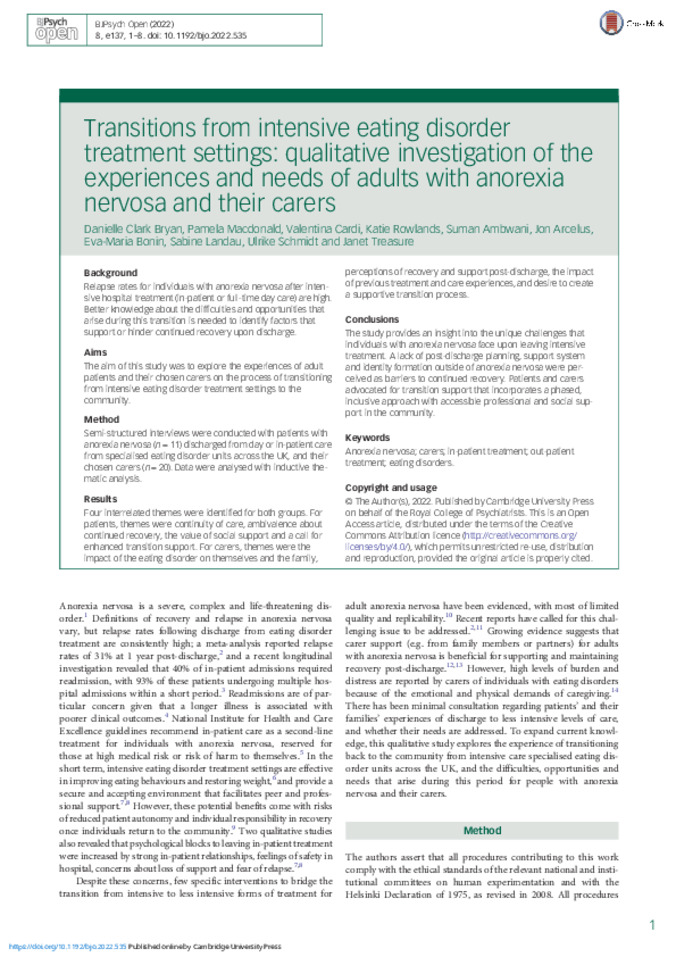 Transitions From Intensive Eating Disorder Treatment Settings: Qualitative Investigation of the Experiences and Needs of Adults With Anorexia Nervosa and Their Carers Miniaturansicht