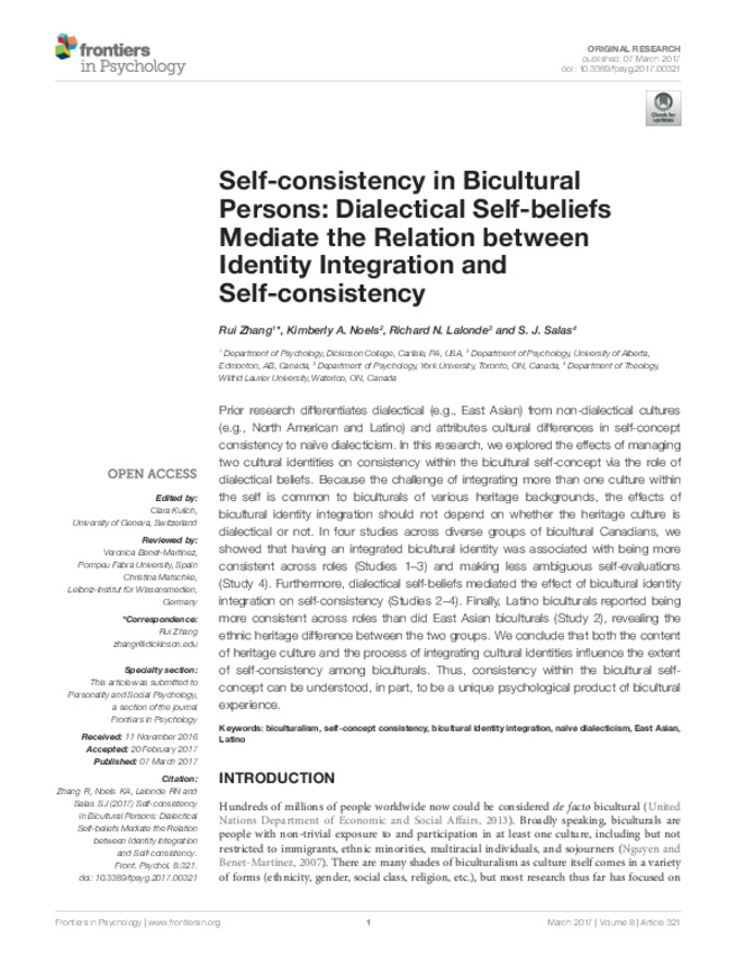 Self-Consistency in Bicultural Persons: Dialectical Self-Beliefs Mediate the Relation Between Identity Integration and Self-Consistency Miniature
