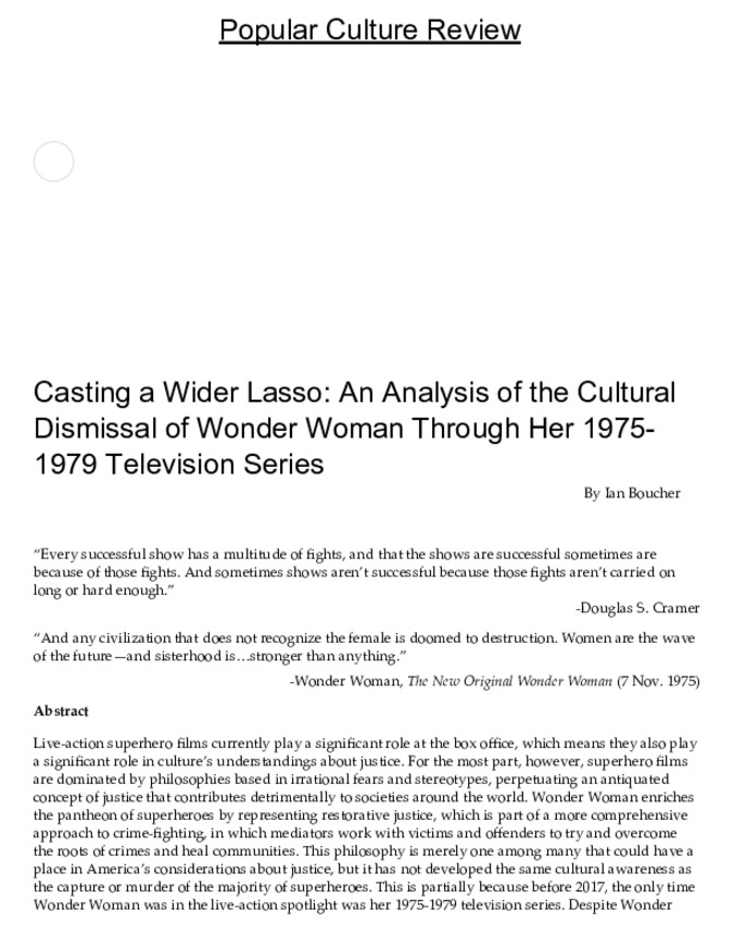 Casting a Wider Lasso: An Analysis of the Cultural Dismissal of Wonder Woman Through Her 1975-1979 Television Series Thumbnail
