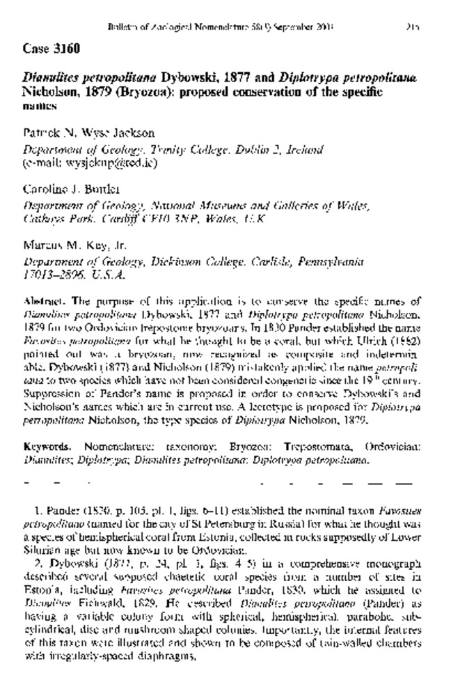 Dianulites petropolitana Dybowski, 1877 and Diplotrypa petropolitana Nicholson, 1879 (Bryozoa): Proposed Conservation of the Specific Names Thumbnail