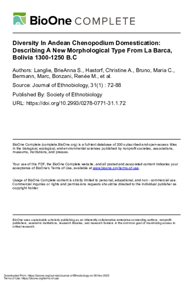 Diversity in Andean Chenopodium Domestication: Describing a New Morphological Type from La Barca, Bolivia 1300-1250 B.C. 缩略图