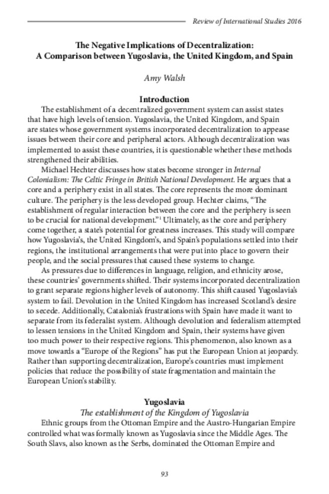 The Negative Implications of Decentralization: A Comparison between Yugoslavia, the United Kingdom, and Spain 缩略图