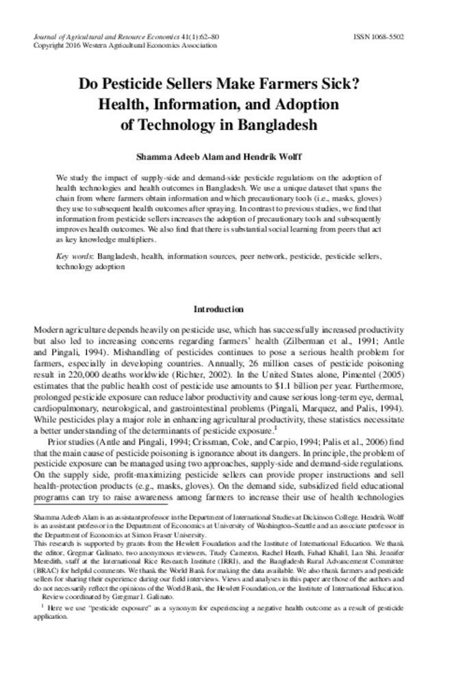 Do Pesticide Sellers Make Farmers Sick? Health, Information, and Adoption of Technology in Bangladesh. miniatura