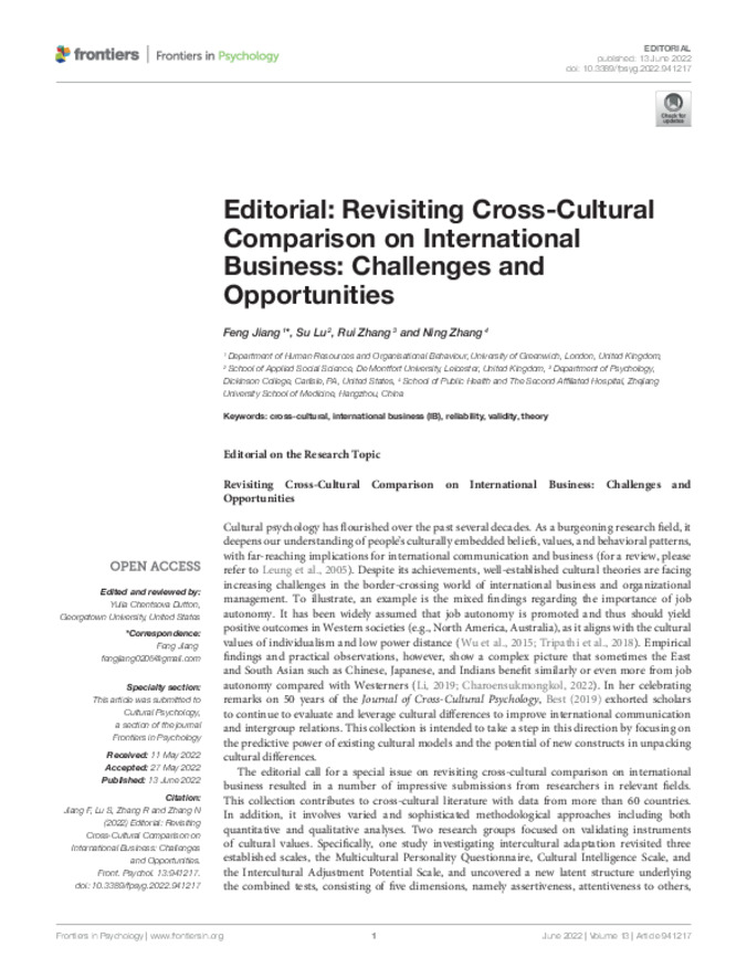 Editorial: Revisiting Cross-Cultural Comparison on International Business: Challenges and Opportunities Thumbnail