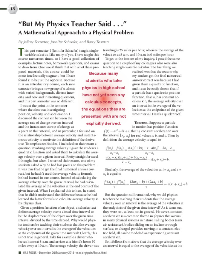 "But My Physics Teacher Said..." A Mathematical Approach to a Physical Problem Thumbnail