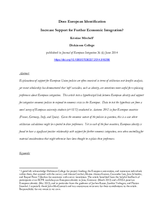 Does European Identification Increase Support for Further Economic Integration? Thumbnail