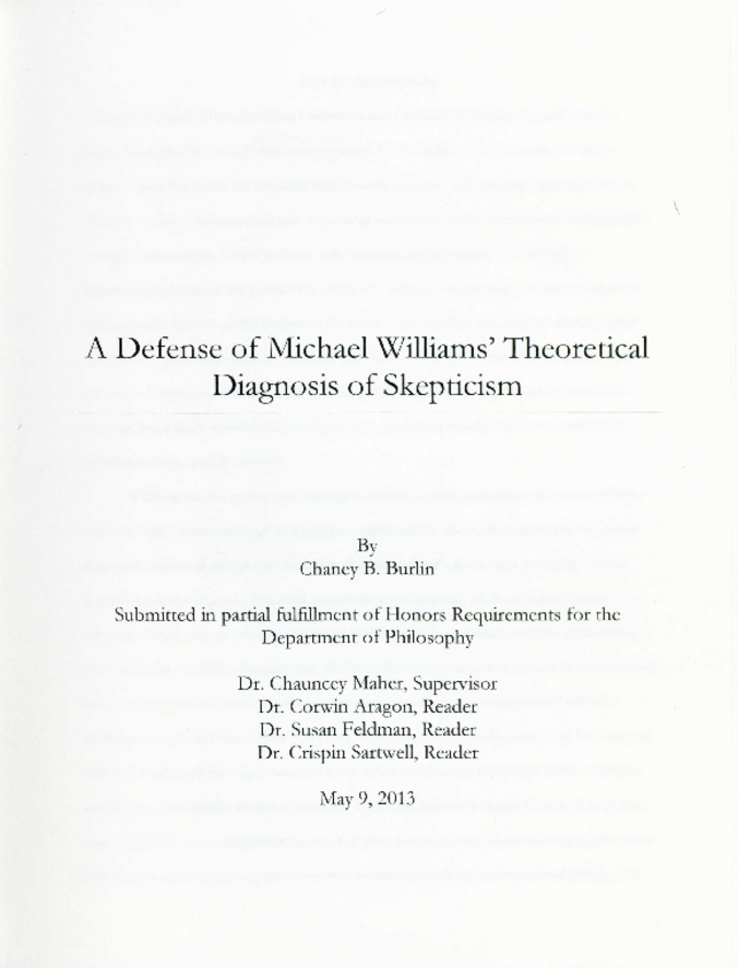 A Defense of Michael Williams' Theoretical Diagnosis of Skepticism Miniature