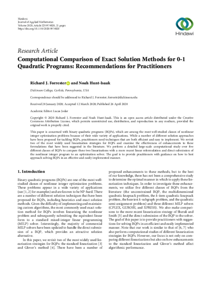 Computational Comparison of Exact Solution Methods for 0-1 Quadratic Programs: Recommendations for Practitioners miniatura