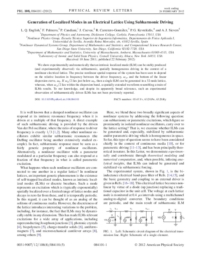 Generation of Localized Modes in an Electrical Lattice Using Subharmonic Driving miniatura