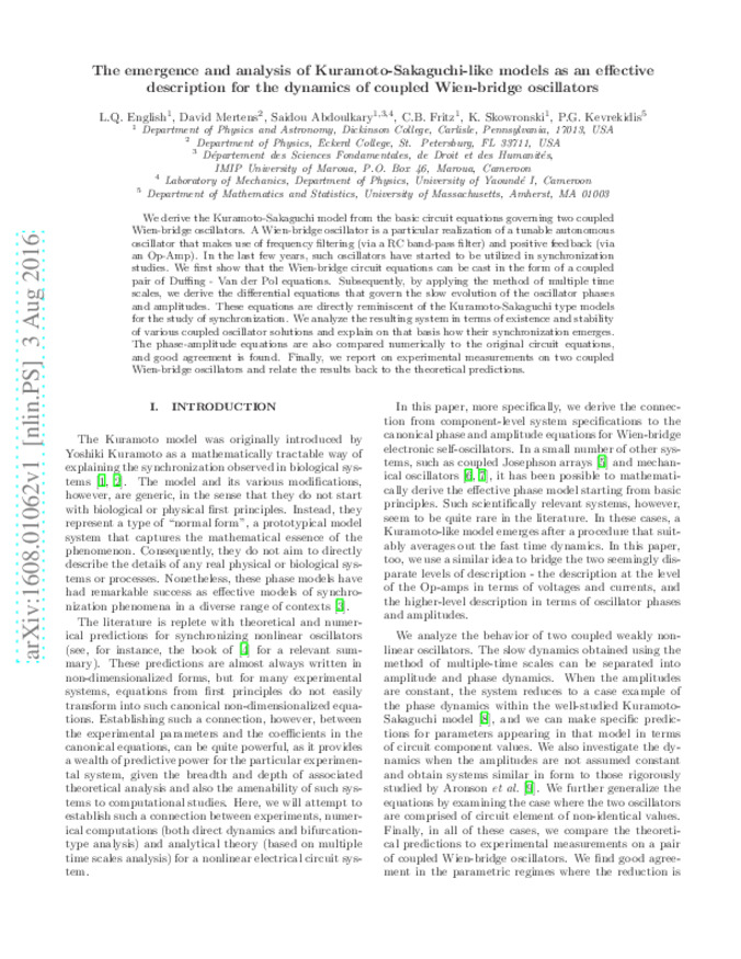 Emergence and Analysis of Kuramoto-Sakaguchi-Like Models as an Effective Description for the Dynamics of Coupled Wien-bridge Oscillators Thumbnail