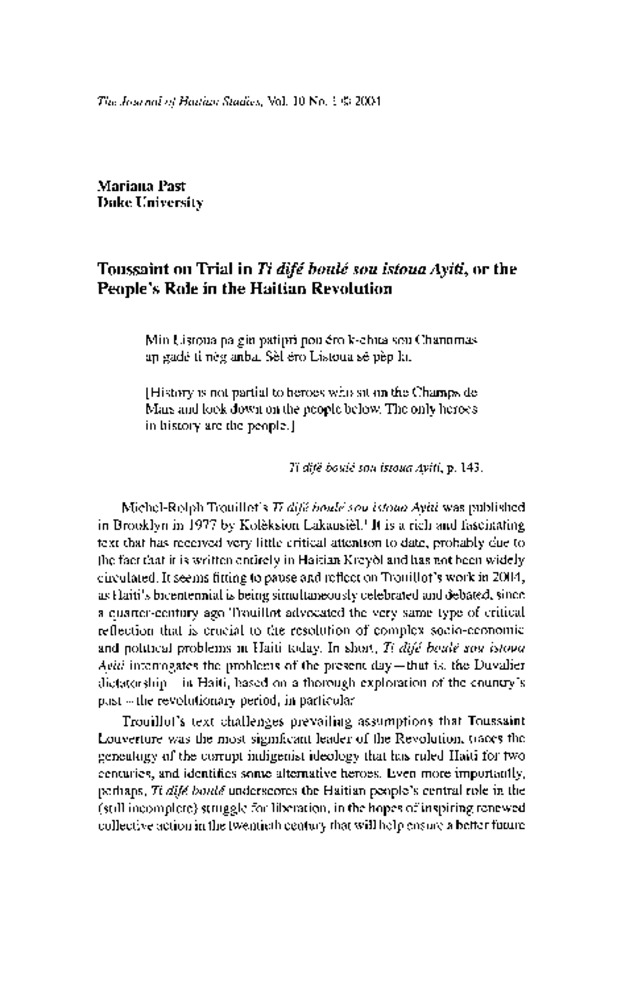 Toussaint on Trial in Ti Difé Boulé Sou Istoua Ayiti, or the People's Role in the Haitian Revolution Thumbnail