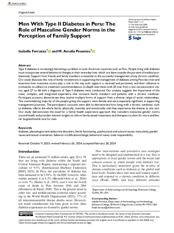 Men With Type II Diabetes in Peru: The Role of Masculine Gender Norms in the Perception of Family Support Thumbnail