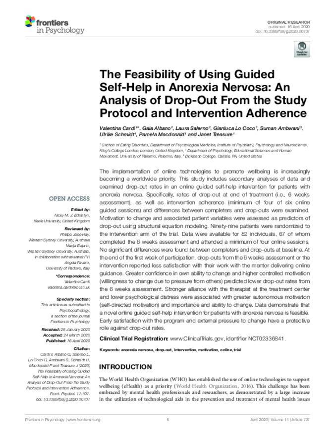The Feasibility of Using Guided Self-Help in Anorexia Nervosa: An Analysis of Drop-Out From the Study Protocol and Intervention Adherence miniatura
