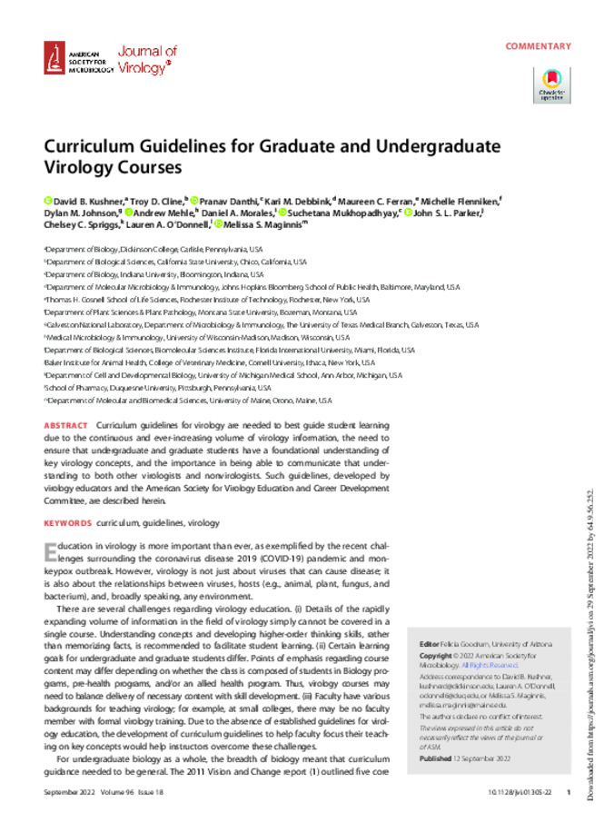 Curriculum Guidelines for Graduate and Undergraduate Virology Courses Miniature