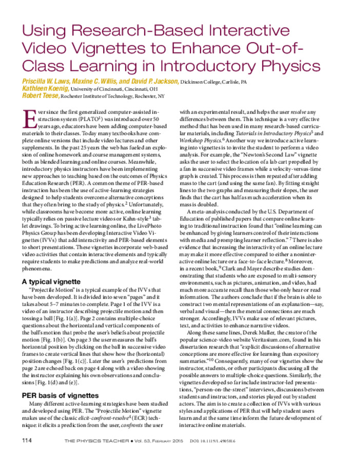 Using Research-Based Interactive Video Vignettes to Enhance Out-of-Class Learning in Introductory Physics miniatura