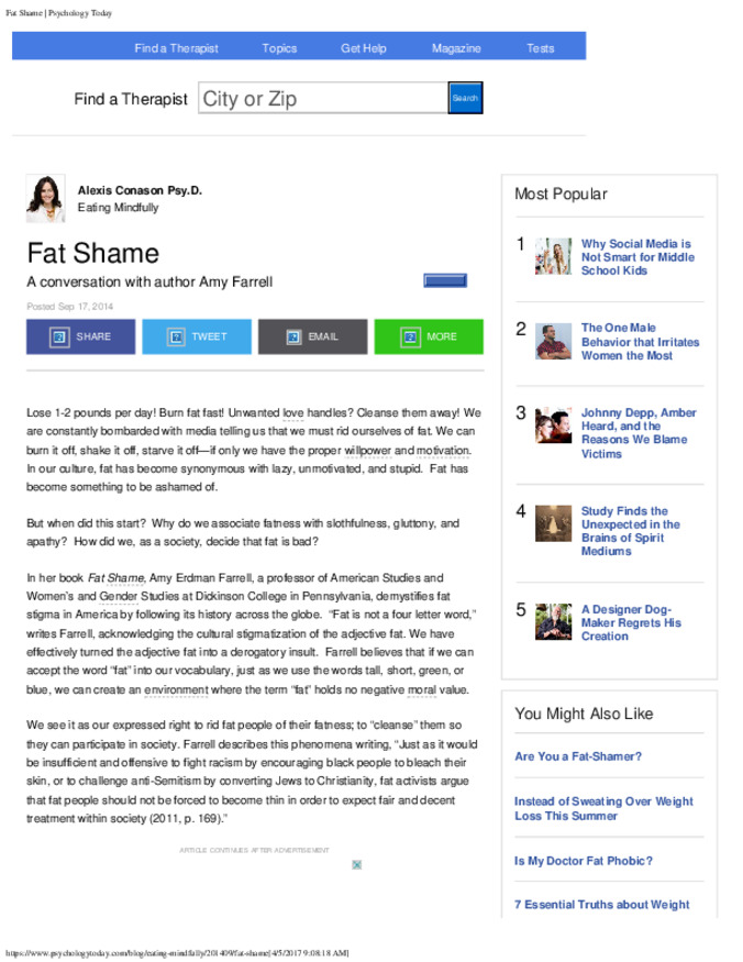 Fat Shame: A Conversation with Author Amy Farrell Thumbnail