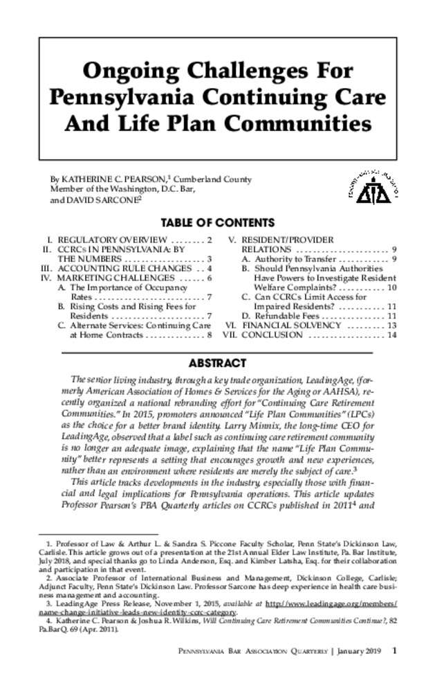 Ongoing Challenges for Pennsylvania Continuing Care and Life Plan Communities Miniature
