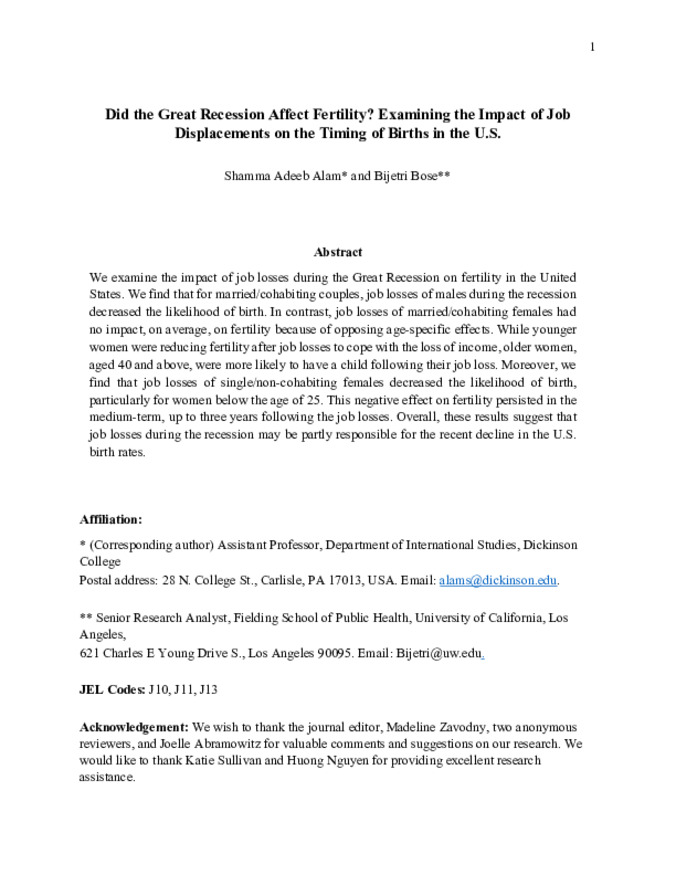 Did the Great Recession Affect Fertility? Examining the Impact of Job Displacements on the Timing of Births in the United States 缩略图