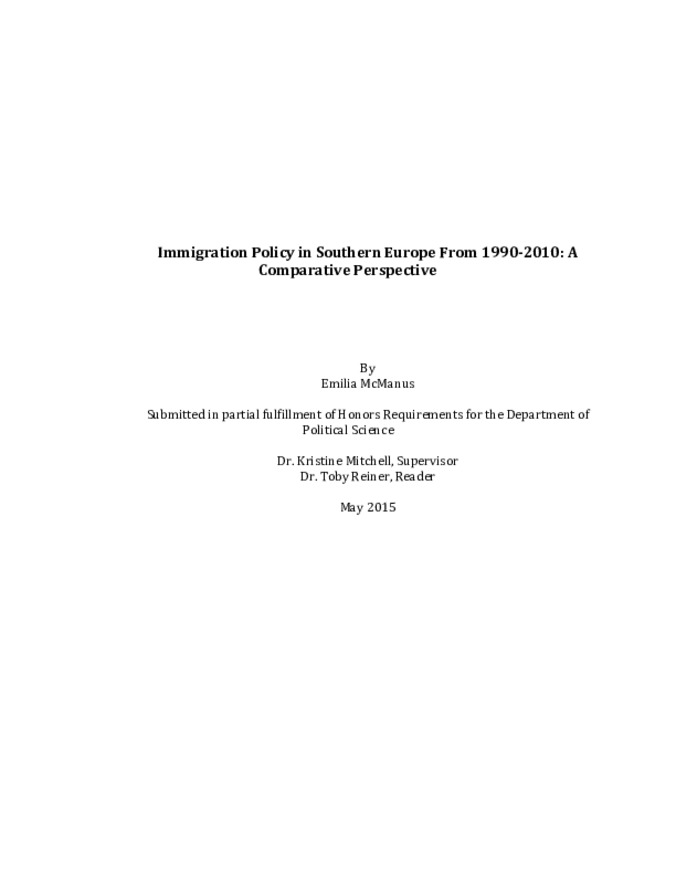 Immigration Policy in Southern Europe From 1990-2010: A Comparative Perspective miniatura