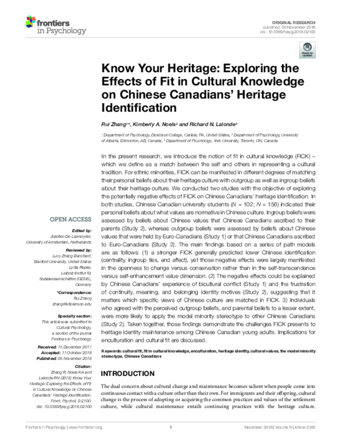 Know Your Heritage: Exploring the Effects of Fit in Cultural Knowledge on Chinese Canadians' Heritage Identification Miniature