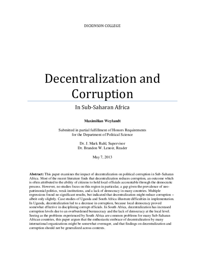 Decentralization and Corruption In Sub-Saharan Africa Thumbnail