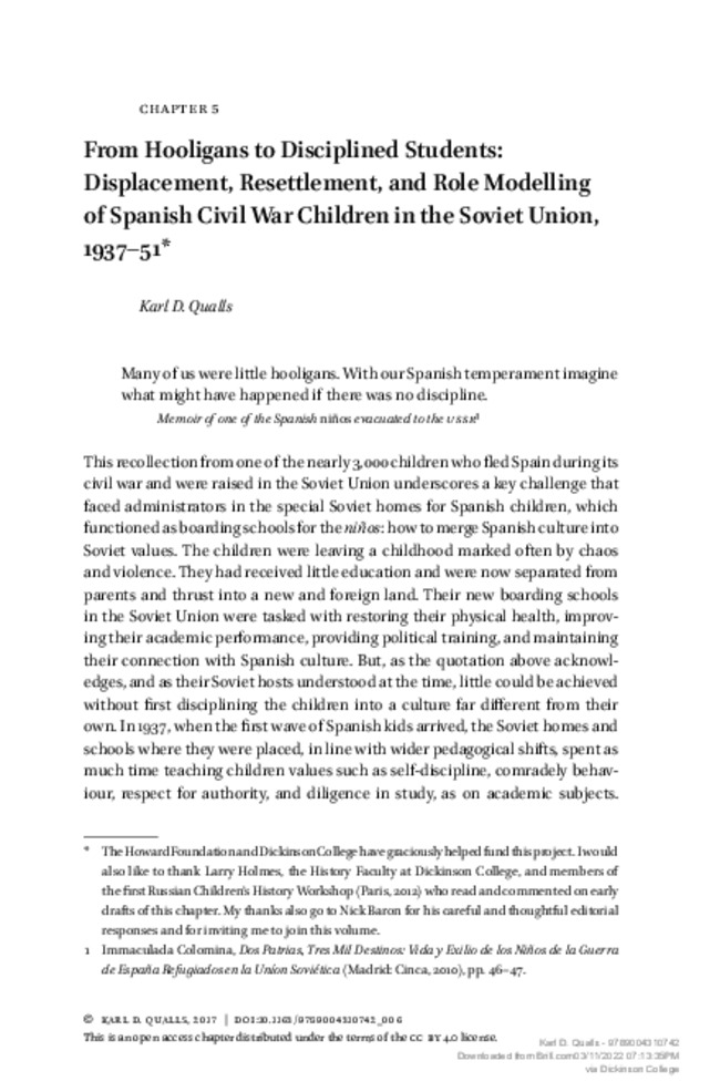From Hooligans to Disciplined Students: Displacement, Resettlement, and Role Modelling of Spanish Civil War Children in the Soviet Union, 1937-51 miniatura