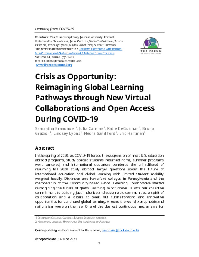 Crisis as Opportunity: Reimagining Global Learning Pathways through New Virtual Collaborations and Open Access during COVID-19 Thumbnail