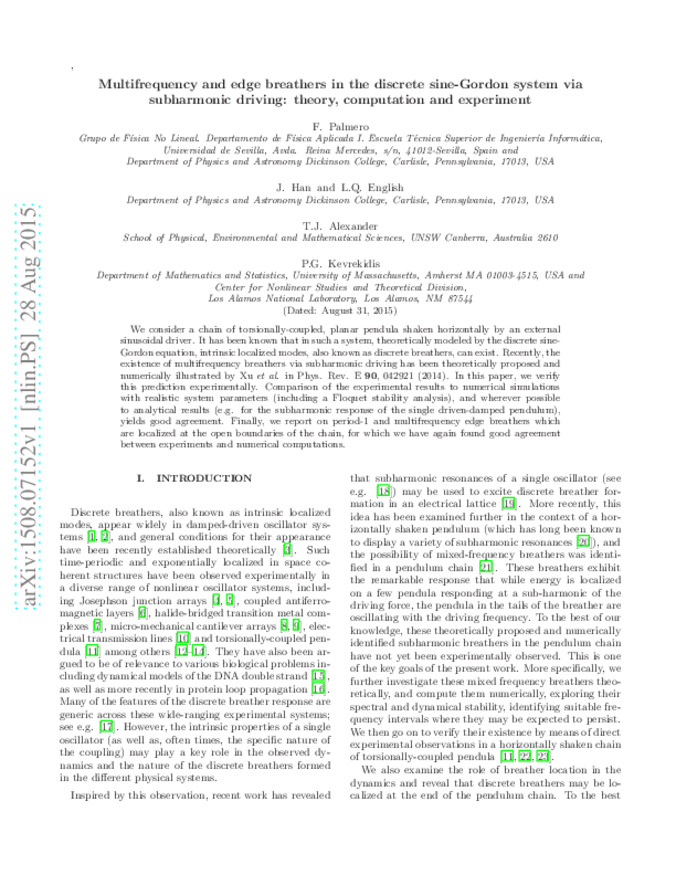 Multifrequency and Edge Breathers in the Discrete sine-Gordon System via Subharmonic Driving: Theory, Computation and Experiment 缩略图