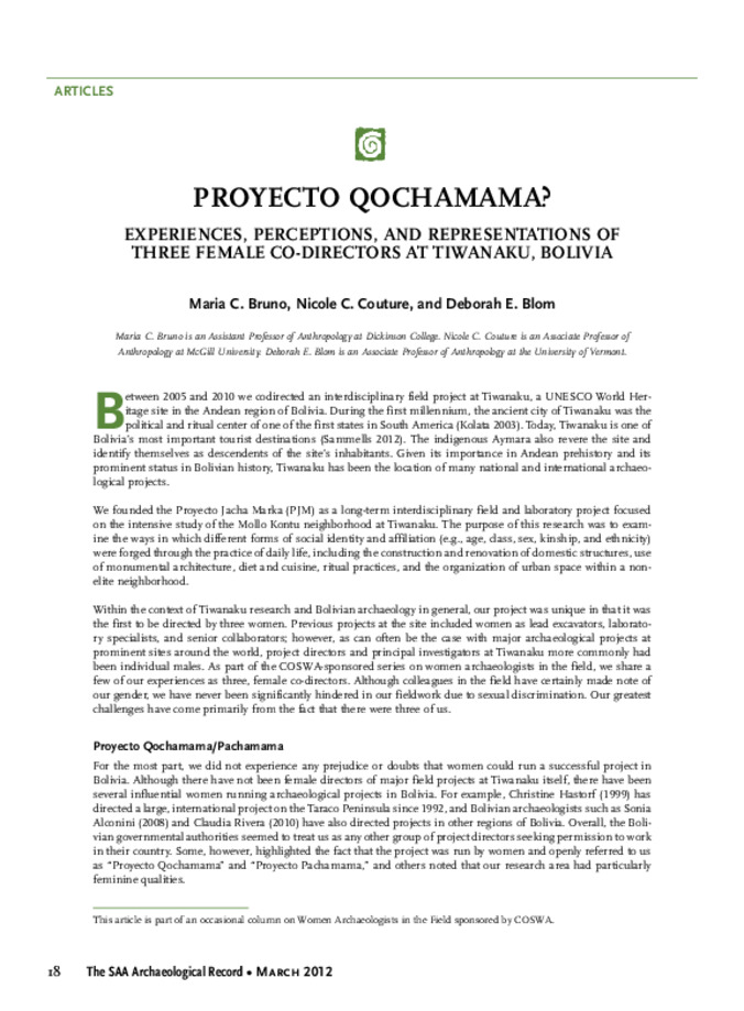 Proyecto Qochamama?: Experiences, Perceptions, and Representations of Three Female Co-Directors at Tiwanaku, Bolivia Thumbnail