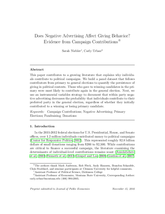 Does Negative Advertising Affect Giving Behavior? Evidence From Campaign Contributions miniatura