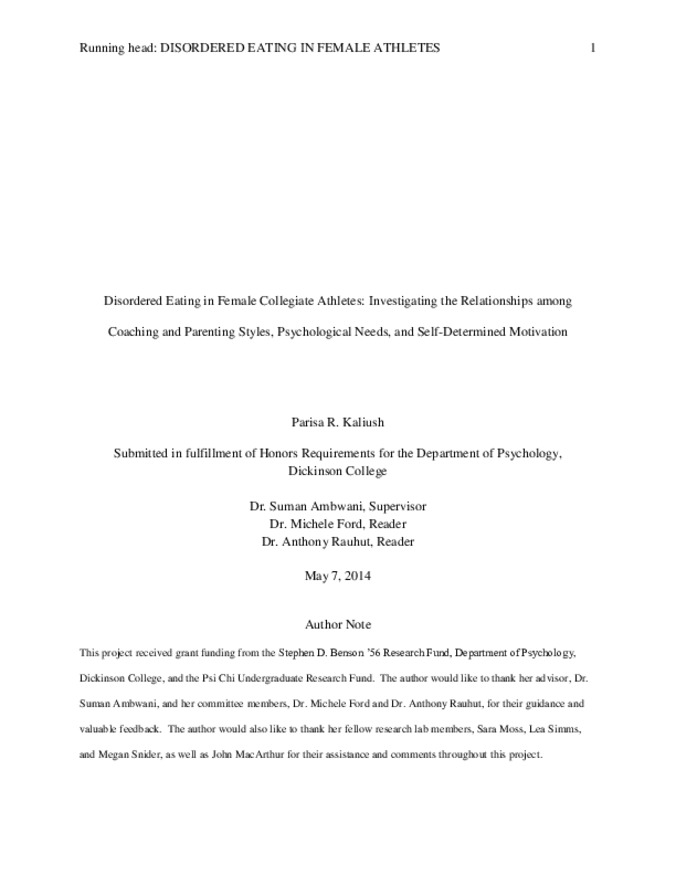 Disordered Eating in Female Collegiate Athletes: Investigating the Relationships Among Coaching and Parenting Styles, Psychological Needs, and Self-Determined Motivation Thumbnail