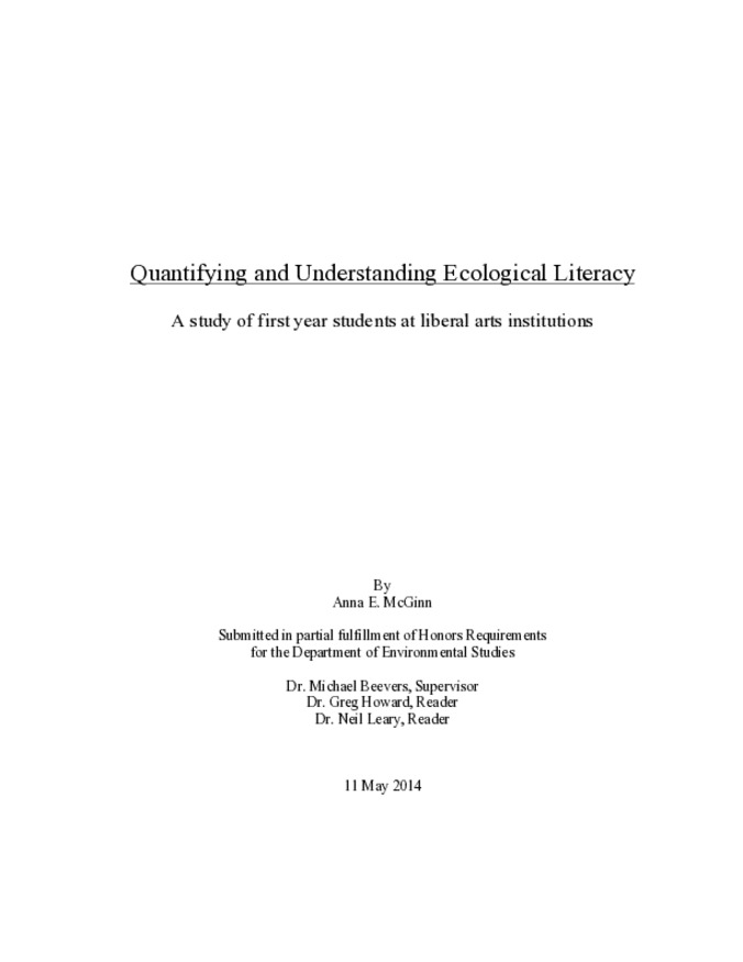 Quantifying and Understanding Ecological Literacy: A Study of First Year Students at Liberal Arts Institutions Miniature