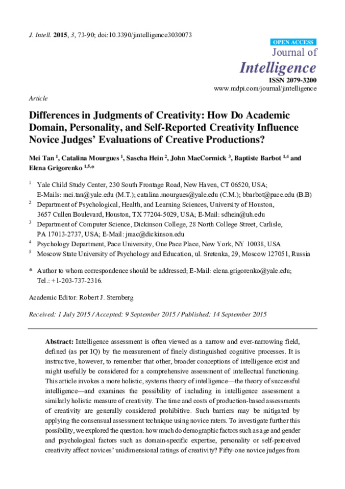 Differences in Judgments of Creativity: How Do Academic Domain, Personality, and Self-Reported Creativity Influence Novice Judges’ Evaluations of Creative Productions? miniatura