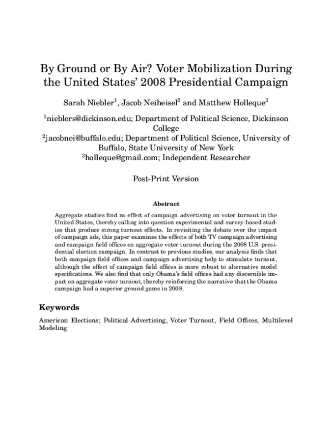 By Ground or By Air? Voter Mobilization During the United States' 2008 Presidential Campaign Thumbnail