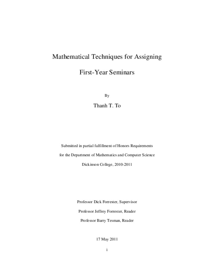 Mathematical Techniques for Assigning First-Year Seminars Thumbnail